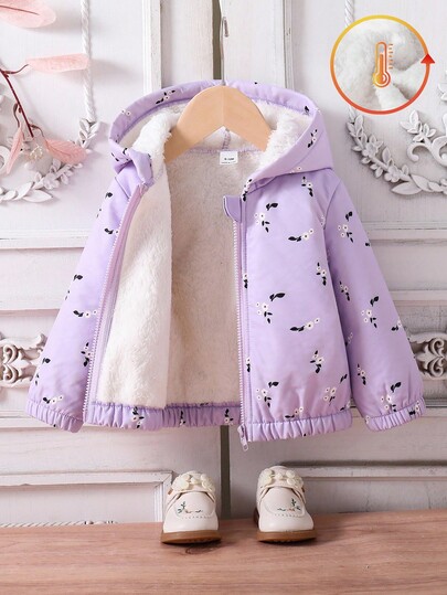 SHEIN Playful Pals Baby Mädchen Kleinkind Herbst/Winter Neue Lässige Süße Ditsy Floral Rosa Blumen Warme Jacke Dicke Oberbekleidung Kapuzenjacke Kapuzenmantel Fleece Gefütterte Jacke
