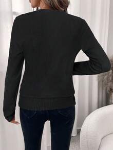 SHEIN Clasi Women's Elegant Pink Waffle Knit Crew Neck Sweatshirt Black Top - Black - View 2