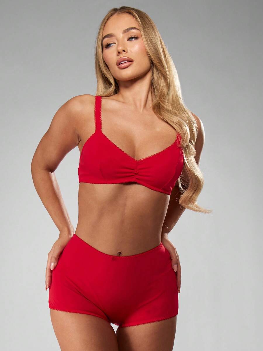 MISSGUIDED Bộ đồ lót bralette nhún bèo cạp cao cho nữ, quần lót Boyshort cúp mềm mại, bộ đồ ngủ thoải mái, đồ mặc nhà - Đỏ - Xem 1
