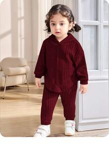 SHEIN Newborn Baby Girl Knitted Soft Crew Neck Long Sleeve Pullover Sweatshirt And Long Pants 2-Piece Outfit Set