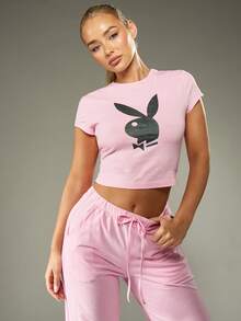 Missguided x Playboy Bộ áo crop top logo Giáng sinh và quần ống rộng - Hồng - Xem 3