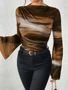 EMERY ROSE Áo thun tay dài in họa tiết lưới nhuộm loang phong cách Mỹ cổ điển thu đông dành cho nữ mùa xuân - Cà phê nâu - Xem 3