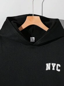 青少年男孩黑色 NYC 文字圖案印花套頭冬季運動衫，寬鬆版型長袖街頭風，適合秋季、開學季、畢業休閒穿著 - 黑色 - 查看 4