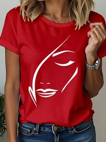 SHEIN LUNE 女式休闲脸部印花图案 T 恤，新年度假服装图案 T 恤女式上衣