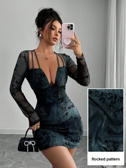 Modelyn 性感网眼提花镂空长袖女式连衣裙