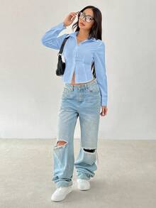 SHEIN EZwear 大码女士休闲商务简约百搭纯色长袖修身衬衫，适合工作通勤，春秋季 - 淺藍色 - 查看 4