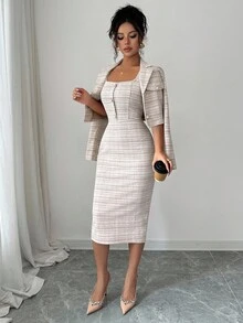 Elenzga 2-Piece Tweed Suit: Elegant Herringbone Blazer Jacket + Sleeveless Fitted Bodycon Dress, Chic Ladylike Outfit For Spring/Autumn