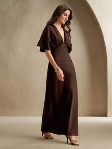 Anewsta New French Shoulder Ruched V-Neck High Waist Fitted Brown Midi Dress, Suitable For Wedding Guest, Fall, Autumn, Summer, Elegant, Chic, Casual