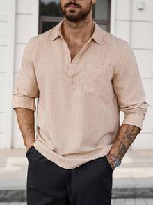 Manfinity Homme Men's Striped Casual Loose Half-Placket Polo Neck Shirt Men Cream Shirt, For Fall - Camel - View 4