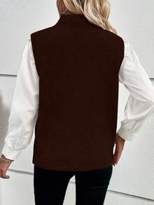 EMERY ROSE Women's Solid Color Stand Collar Sleeveless Sweater Vest With Side Slit, Elegant For Autumn/Winter - Chocolate Brown - View 2