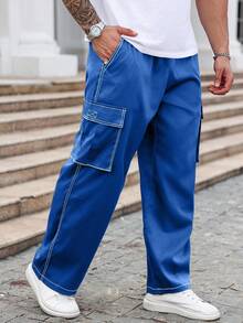 Manfinity Homme Outdoor Casual Loose Pocket Men Plus Size Pants, For Fall - Royal Blue - View 4
