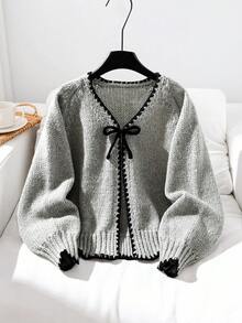 SHEIN 少女可愛灰色對比飾邊蝴蝶結前襟長袖休閒冬季開襟衫，秋季假期校園返校簡約母女款 - 灰色 - 查看 3