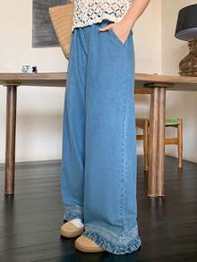 FRIFUL 女式花卉刺绣口袋宽腿宽松休闲牛仔裤 - 藍色 - 查看 2