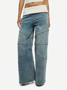 SUMWON WOMEN 棉质高腰宽松阔腿牛仔裤，撞色针织腰带，做旧细节 - 藍色 - 查看 1