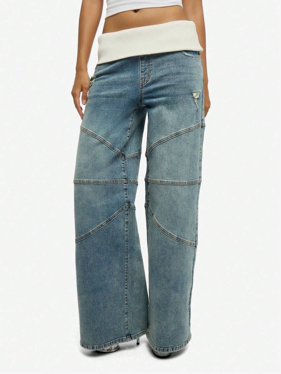 SUMWON WOMEN 棉质高腰宽松阔腿牛仔裤，撞色针织腰带，做旧细节 - 藍色 - 查看 1