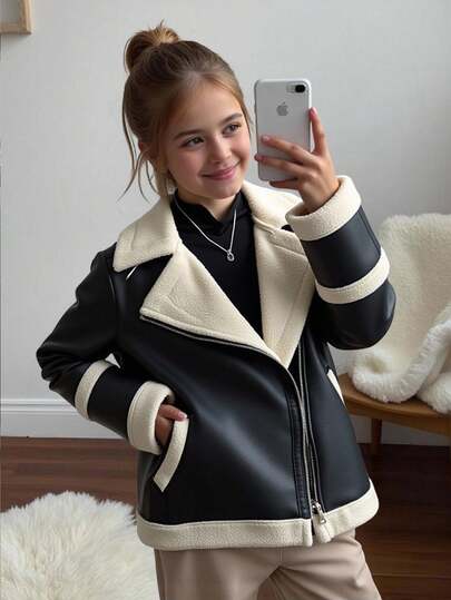 SHEIN 青少年女孩休闲街头时尚 PU 复合保暖衬里撞色领摩托车夹克，适合秋冬季日常穿着