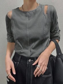 FRIFUL Áo thun hở vai xẻ tà dành cho nữ, Áo dài tay thời trang mùa hè - Màu xám đen - Xem 1