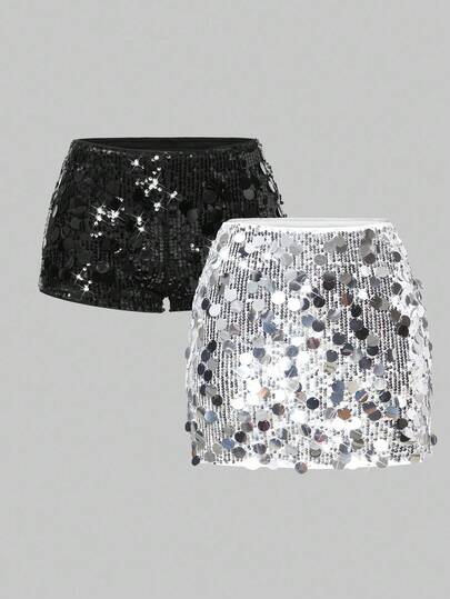 Grunge Punk 2pcs Women's Punk Style Glitter Sequin Mini Skirt And Shorts Set, Sexy Ultra-Low Waist Micro Mini Dress For Graduation, Easter, Concert, Nashville Vacation