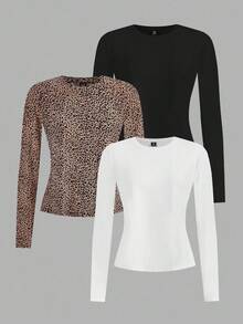 Slaydiva 3pcs/Set Plus Size Women Crew Neck Casual Tight Fit Long Sleeve T-Shirt Set, Suitable For Autumn/Winter