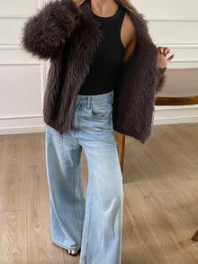 DAZY Women's Loose Casual Fuzzy Brown Cardigan Sweater, Autumn/Winter