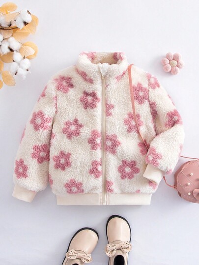 Young Girl' Energetic Floral Print Stand Collar Fuzzy Zip-Up Cardigan, Suitable For Winter Outings Fall