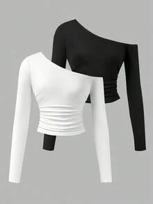 SHEIN Explorewe 2 件套青少年女孩休闲不对称肩部百搭 T 恤，百搭街头风格 - 彩色 - 查看 1