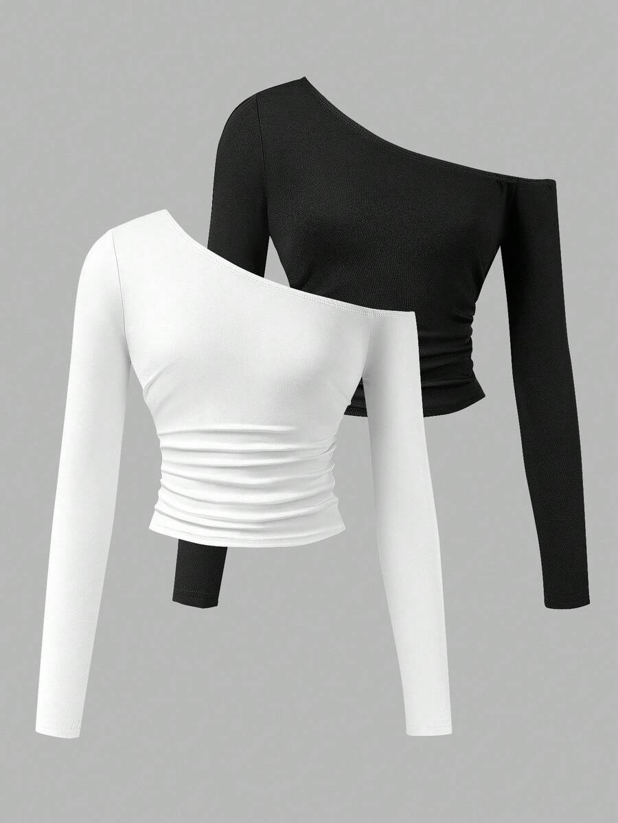 SHEIN Explorewe 2 件套青少年女孩休闲不对称肩部百搭 T 恤，百搭街头风格 - 彩色 - 查看 1