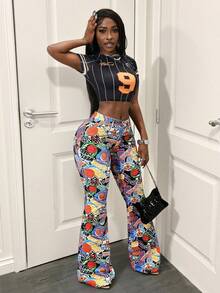 Slaydiva Women's Basketball Graphic Flared Casual Jeans - Multicolor - View 5