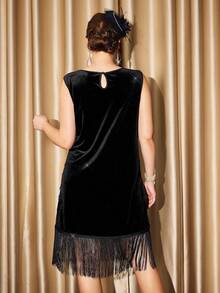 Vintamour 大码优雅女士连衣裙，华丽亮片连衣裙，复古连衣裙，盖茨比连衣裙，黑色流苏连衣裙，优雅派对女士连衣裙 - 黑色 - 查看 2