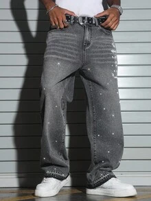 Manfinity EMRG Men's Rhinestone Print Wide Leg Jeans, Perfect Holiday Gift For Boyfriend & Husband - Grey - View 3