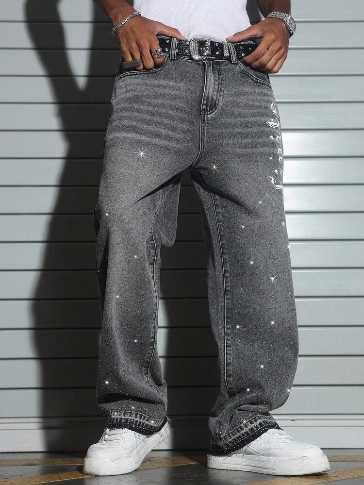Manfinity EMRG Men's Rhinestone Print Wide Leg Jeans Baggy Y2k