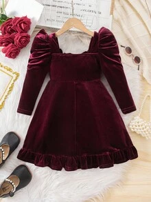 Young Girl Cute & Elegant Red Bow Knitted Long Sleeve Dress - Burgundy - View 8