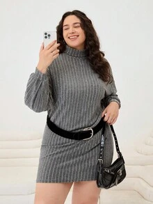 Solflare Plus Size Women Striped Turtleneck Dropped Shoulder Long Sleeve Loose Straight Casual Dress