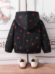 SHEIN Playful Pals 女宝宝幼儿0-3岁秋冬百搭日常保暖内衬可爱樱桃图案连帽夹克 - 黑色 - 查看 2