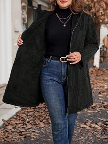 SHEIN Clasi 大码女式纹理长袖休闲连帽夹克，秋冬 - 黑色 - 查看 8