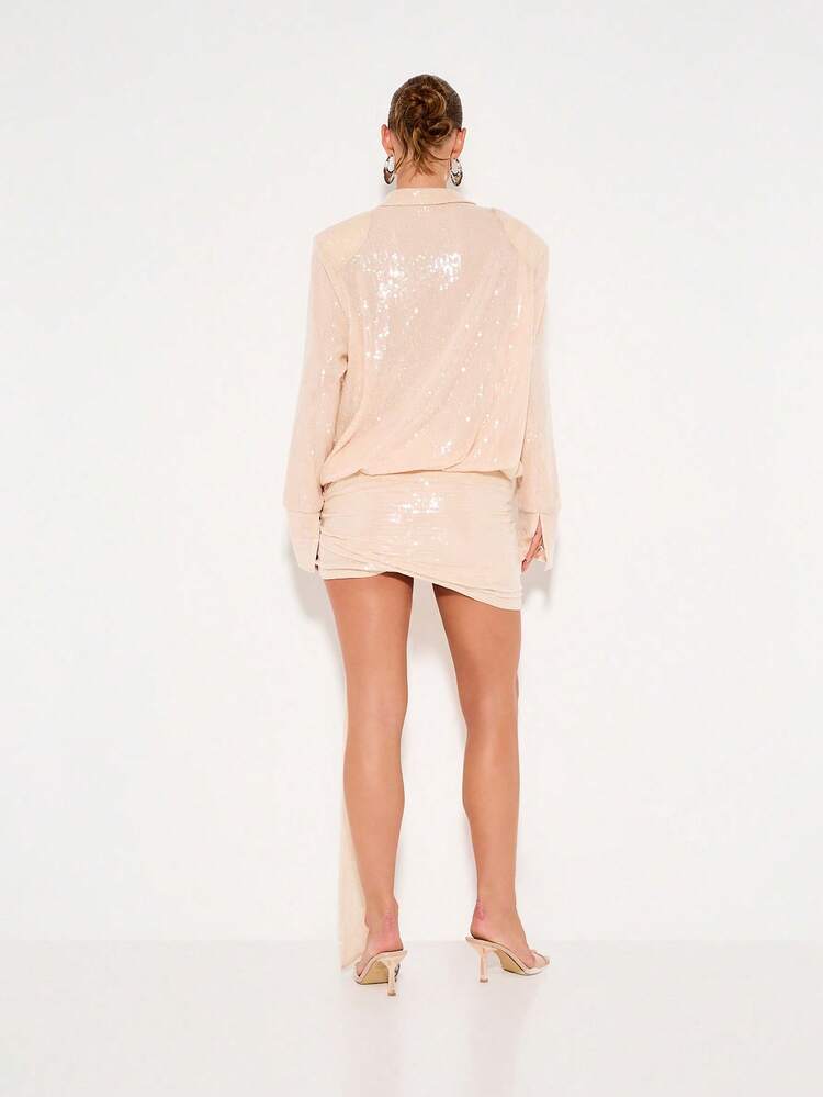 KIZN Sequin Long Sleeve Mini Dress With Side Drape Detail