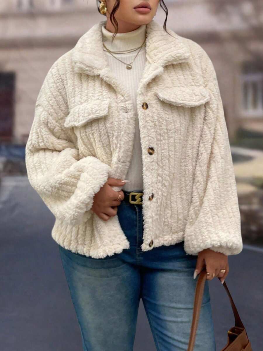 EMERY ROSE Plus Size Women's Flap Detail Button Front Flannel Jacket Winter Fall Autumn - Apricot - View 1