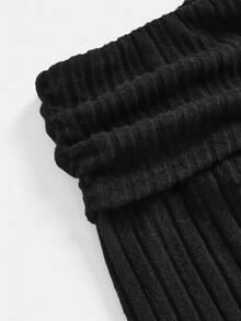 Girlism 少女秋季校园风服装，黑色露肩罗纹针织毛衣长袖 T 恤，卡其色格子百褶裙，休闲两件套 - 彩色 - 查看 9