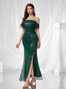 Coutiva 女式正装亮片拼接露肩高开衩长裙（重饰） - 墨綠色 - 查看 9