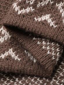 Livesso 女士宽松休闲度假时尚花卉几何图案高领针织毛衣，适合秋冬季 - 棕色 - 查看 7