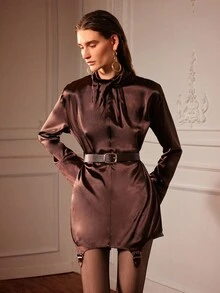 Almamuse Women's Casual Solid Color Long Sleeve Shirt, Versatile For Commuting Dark Brown Dress Chocolate Brown Dress Coffee Brown Dress Sheer Tights Long Sleeve Mini Dress Brown Dress For Women Elegant Dress Women - Coffee Brown - View 4