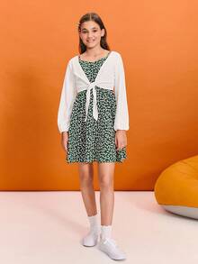 SHEIN Bộ áo khoác cardigan tay dài dệt kim trơn đơn giản dành cho bé gái tuổi mới lớn và váy yếm họa tiết hoa nhỏ xinh - Nhiều màu - Xem 3