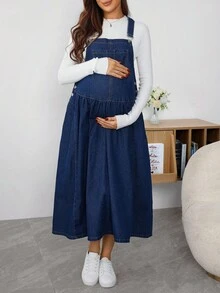 SHEIN 孕妇蓝色无袖褶皱荷叶边下摆休闲宽松牛仔连衣裙 - 藍色 - 查看 6