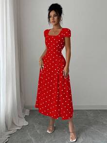Elenzga Women's Elegant Polka Dot Print Ruched Waist Square Neck Short Sleeve Maxi Dress - Red - View 7