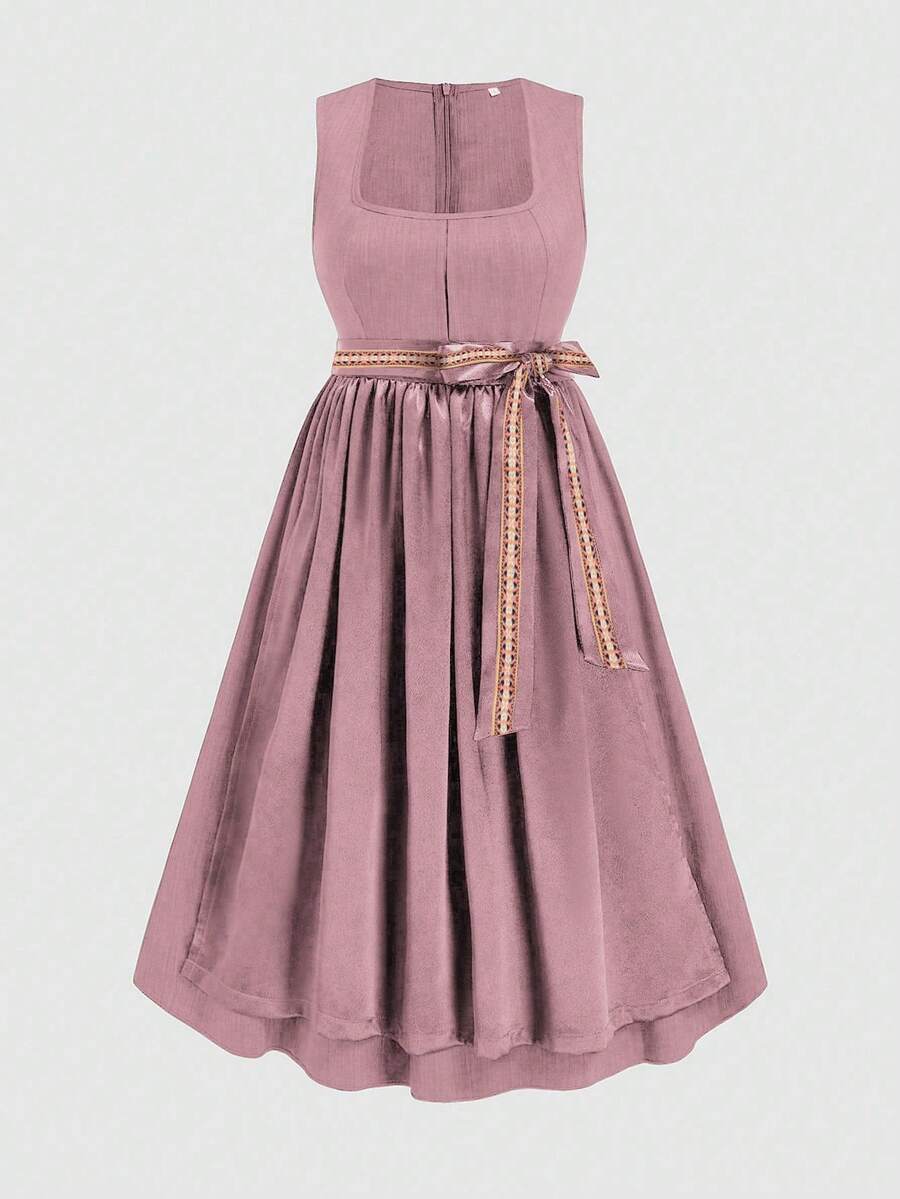 Fairmaia 大码女式德国传统方领无袖褶皱优雅连衣裙 - 粉色 - 查看 1