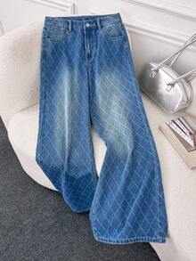 Comfortcana Jeans amples et décontractés à jambes larges avec poches et motif à carreaux pour femmes