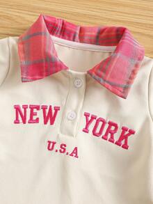 SHEIN 女婴四季合身休闲运动马球领长袖运动衫和格子百褶裙套装 - 玫紅色 - 查看 4