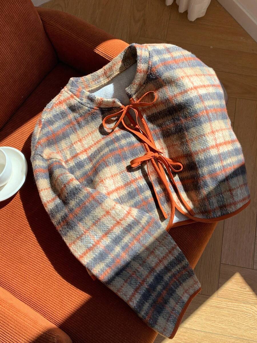 Comfortcana Winter  Halloween Plaid Casual Short Tie-Front Long Sleeve Women Wool Blend Overcoat In Fall/Winter Brown Plaid Overcoat , Christmas - Brown - View 1