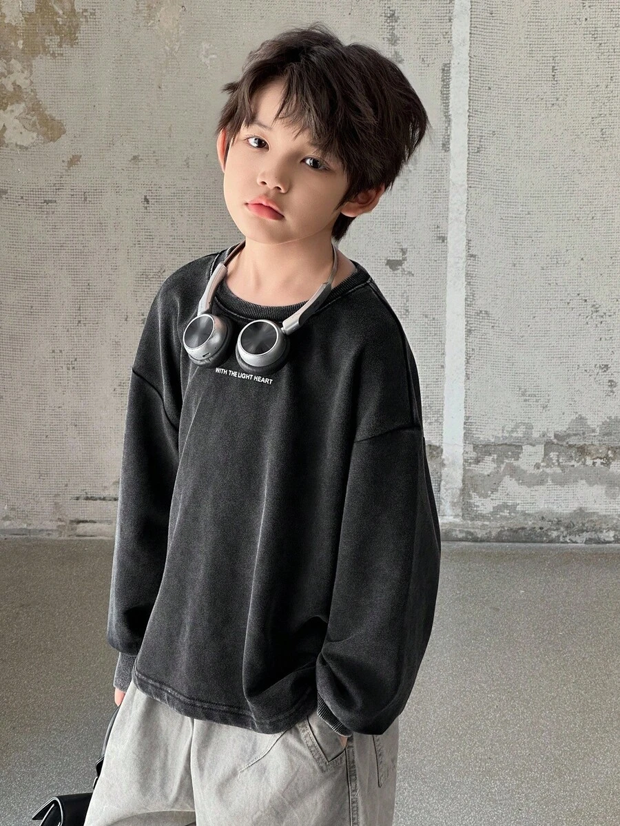 DAZY 青少年男童休闲宽松字母印花T恤，秋季街头风 - 灰色 - 查看 1