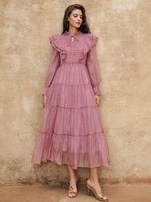 Lumalex VITNOS 新款优雅甜美浪漫荷叶边系带灯笼袖腰部收腰派对奢华高端层叠荷叶边下摆连衣裙，女士秋冬